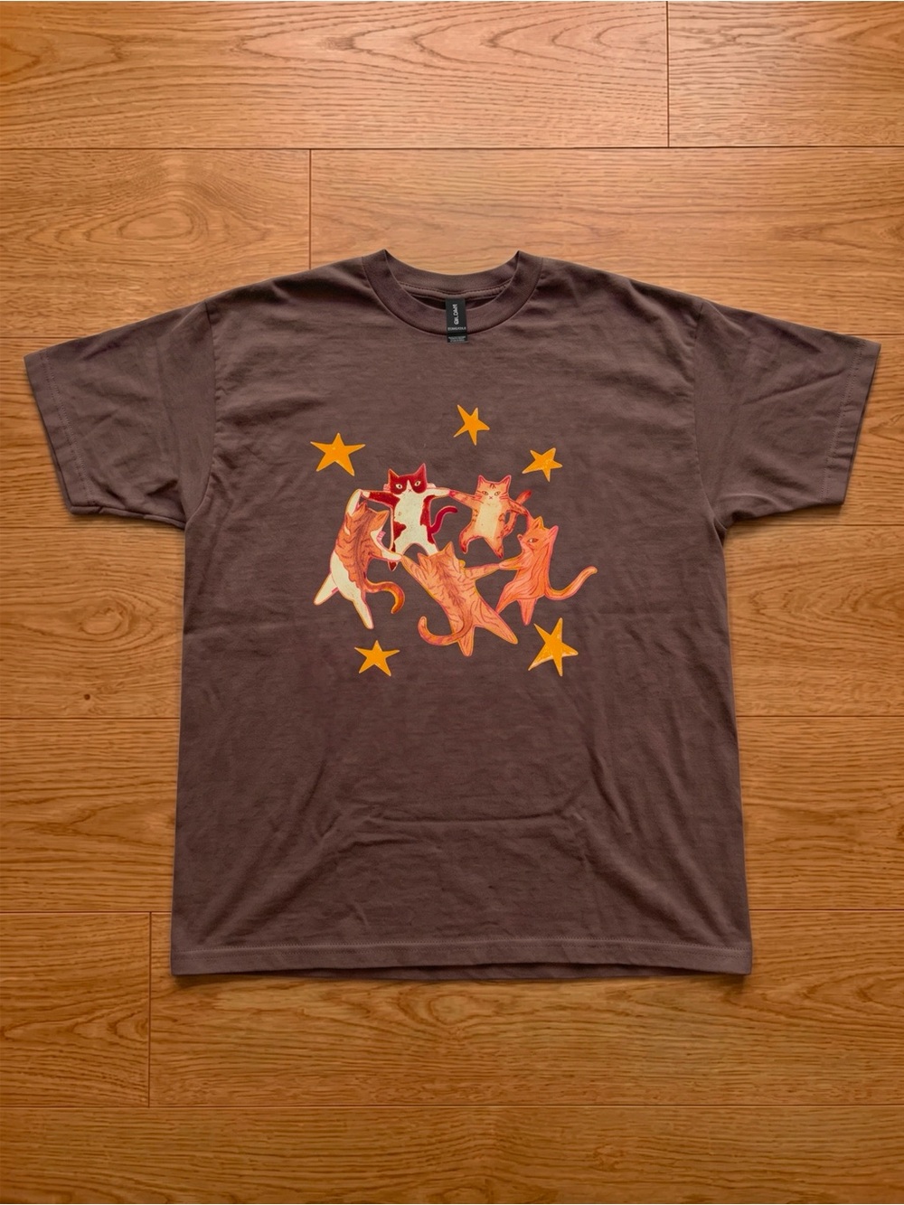 Dancing Cats Stars Circle Whimsical Brown Graphic T-Shirt
